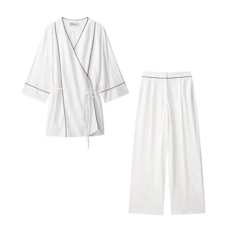 Damen Kimono-Cardigan mit Bindegürtel und Kontrastpaspel Drune