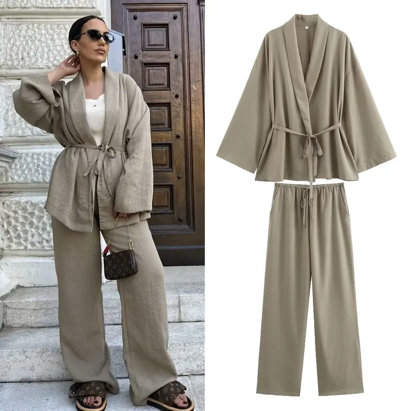 Damen Kimono-Jacke mit Wickelgürtel, weitem Schnitt und Schalkragen Drune