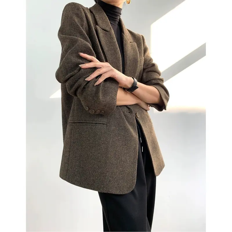 Damen Klassischer Woll-Tweed-Blazer mit schmalem Revers, Teilgefüttert und Ein-Knopf Drune