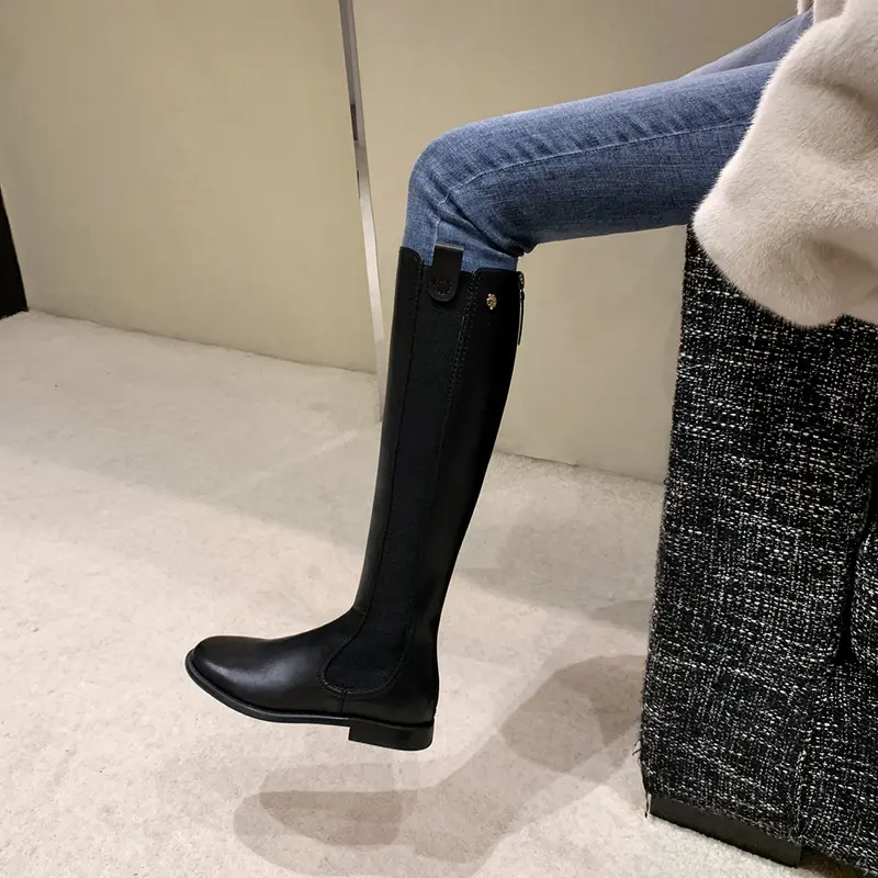 Damen Kniehohe Glattleder-Stiefel im Reitstil mit verdecktem Rückreißverschluss und Stretch-Einsatz Drune