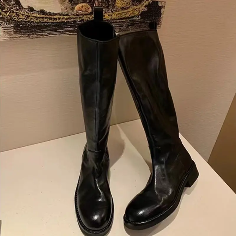 Damen Kniehohe Glattleder-Stiefel mit verdecktem Reißverschluss und stoßdämpfender Laufsohle Drune