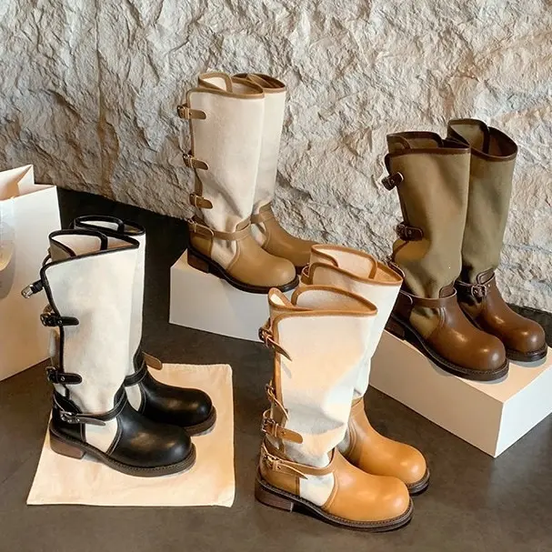 Damen kniehohe Leder-Canvas Stiefel mit verstellbaren Schnallen Drune