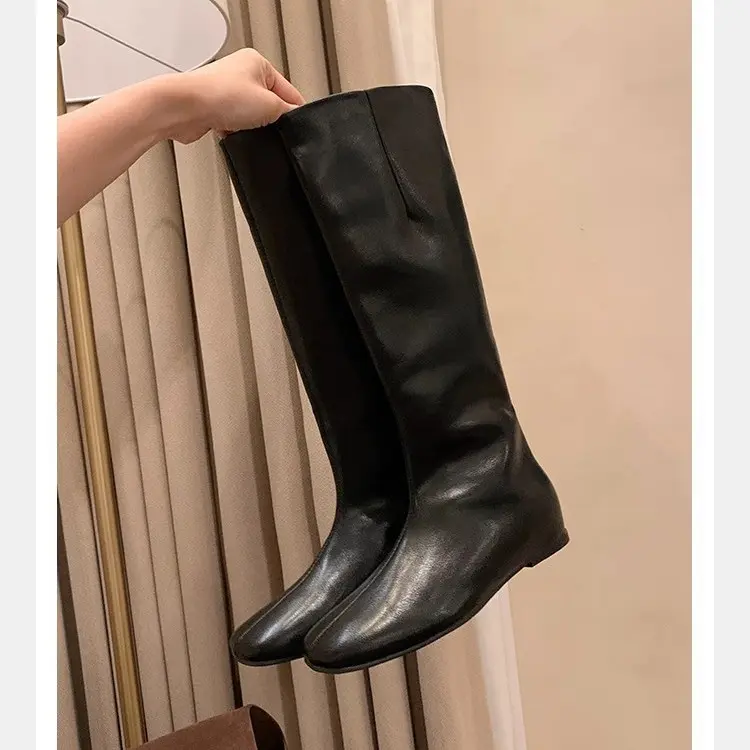 Damen Kniehohe Minimalistische Glattleder-Stiefel mit ergonomischer Laufsohle Drune