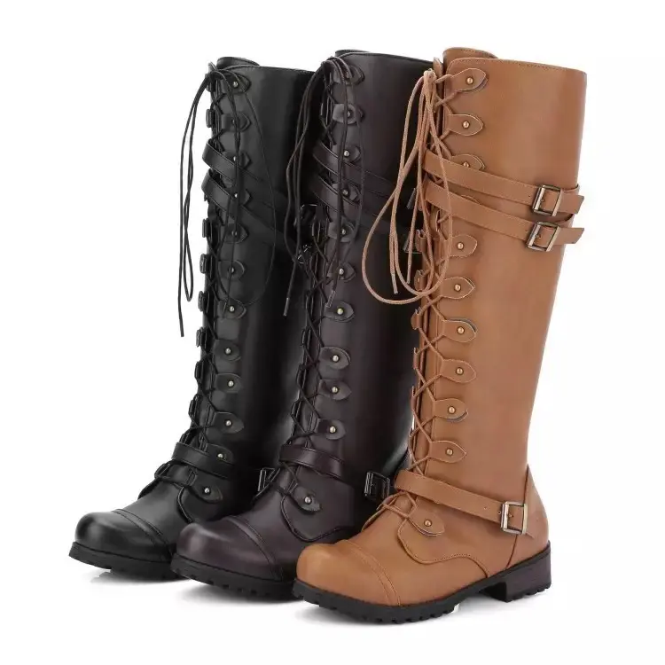 Damen Kniehohe Schnürstiefel im Vintage-Militärstil mit Doppelschnallen und robuster Profilsohle Drune