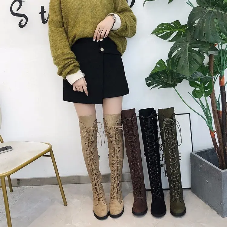 Damen Kniehohe Schnürstiefel mit durchgehender Schnürung aus Veloursimitat und rutschfester Profilsohle Drune
