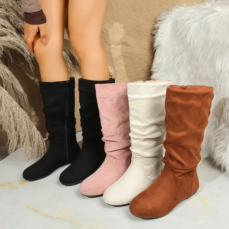 Damen Kniehohe Slouch-Stiefel aus Veloursimitat mit Innenseiten-Reißverschluss und flacher Komfortsohle Drune