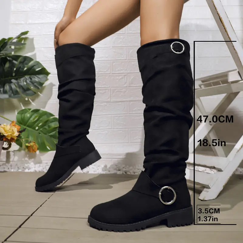 Damen kniehohe Slouch-Stiefel aus Wildlederoptik mit dekorativer Schnalle und rutschfester Profilsohle Drune