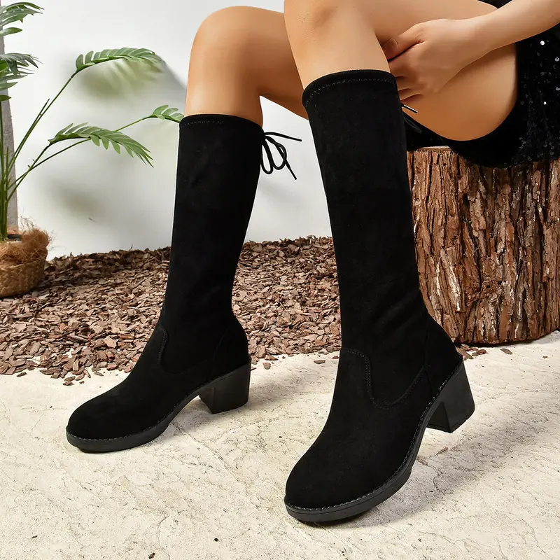 Damen Kniehohe Stiefel mit Blockabsatz, Velours‑Optik, elastischem Schaft und rückseitiger Zierschnürung Drune
