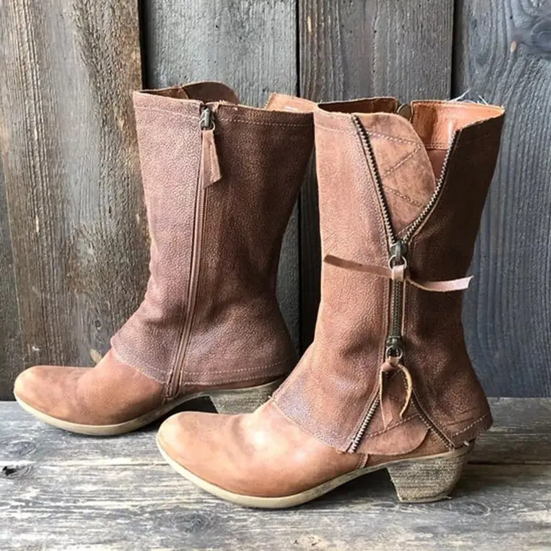 Damen Knöchel- bis wadenhohe Reißverschluss-Stiefel mit dekorativem Metallreißverschluss und niedrigem Blockabsatz Drune
