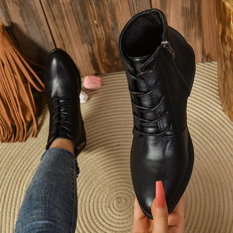 Damen Knöchelhohe Schnür‑Stiefeletten mit seitlichem Reißverschluss und niedrigem Blockabsatz Drune