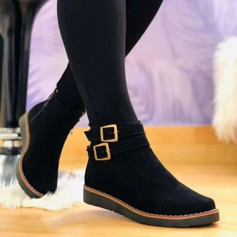 Damen Knöchelstiefel aus Veloursimitat mit Doppelriemen und flacher Keilsohle Drune