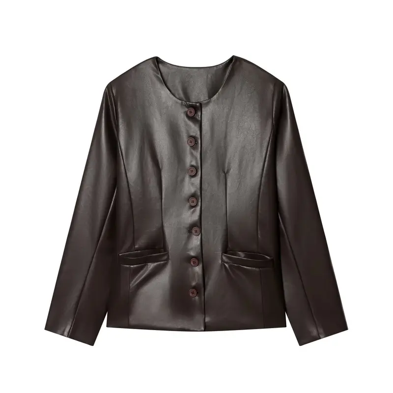 Damen Knopfblazer aus veganer Lederoptik im Cropped‑Boxy‑Schnitt mit Rundhalsausschnitt Drune