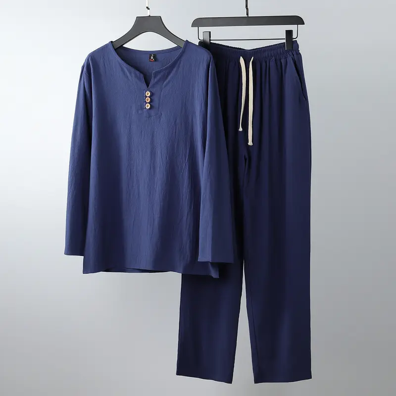 Damen Komfortables Baumwoll-Loungewear-Set mit Henley-Ausschnitt und Kordelbundhose Drune