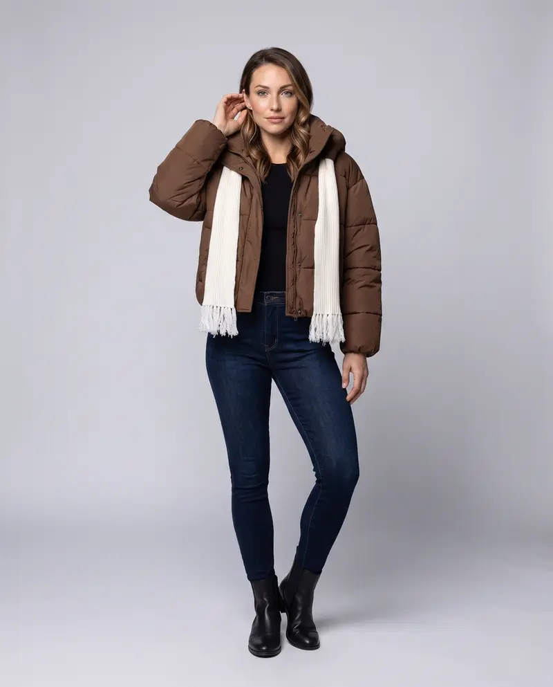 Damen kompakte gesteppte Jacke mit überlappendem Schal-Kragen und voluminösen Ärmeln