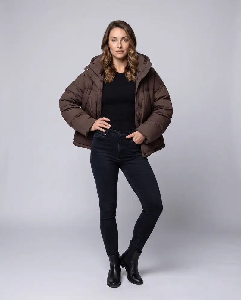 Damen kompakte gesteppte Jacke mit zusätzlicher voluminöser Kapuze und verdeckter Druckknopfblende