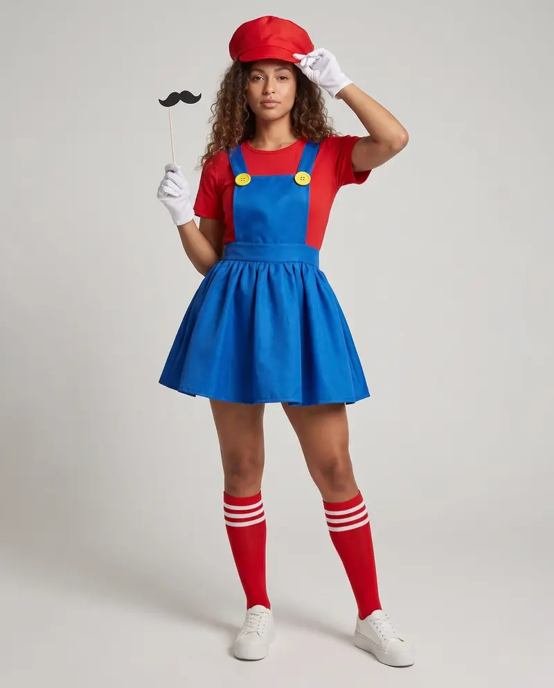 Damen Kostüm im Mario-Stil mit Rock und Charakteraccessoires Drune