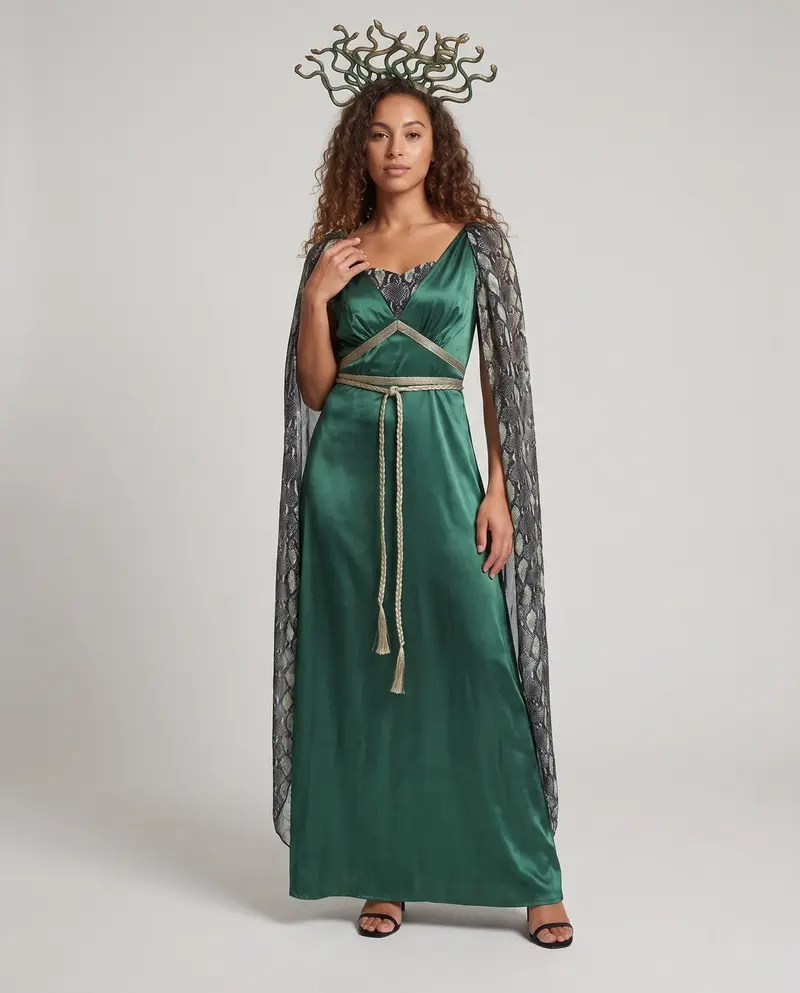 Damen Kostüm im Medusa-Stil mit schimmerndem Satin und transparenten Ärmeln Drune