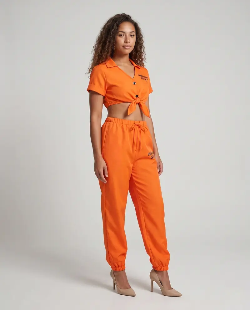 Damen Kostümset im Gefängnisstil mit kurzem Oberteil und Bundhose Drune