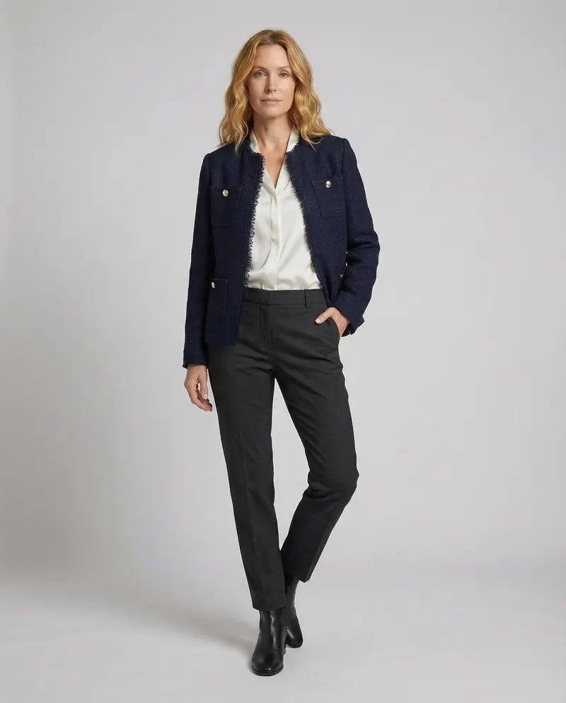 Damen Kragenlose Boucle Jacke mit Fransenbesatz