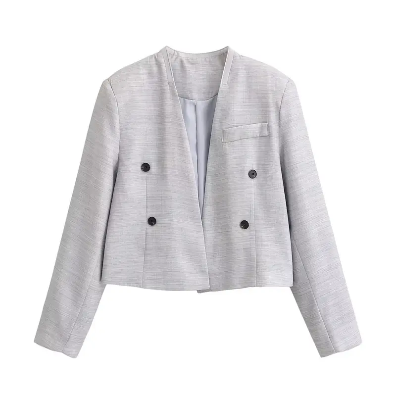 Damen kragenloser Cropped-Blazer mit kastiger Silhouette und Doppelknopfreihe Drune