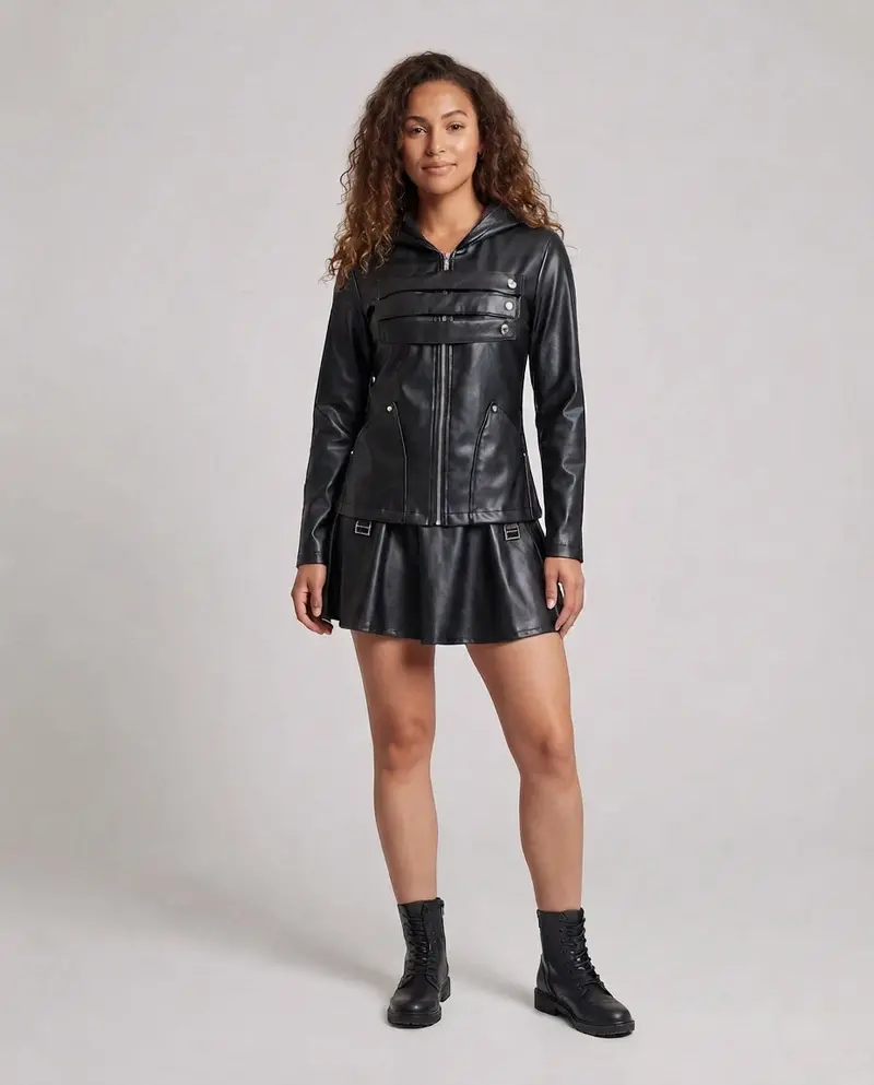 Damen Kunstlederjacke mit abnehmbarem Rock und praktischen Taschen Drune