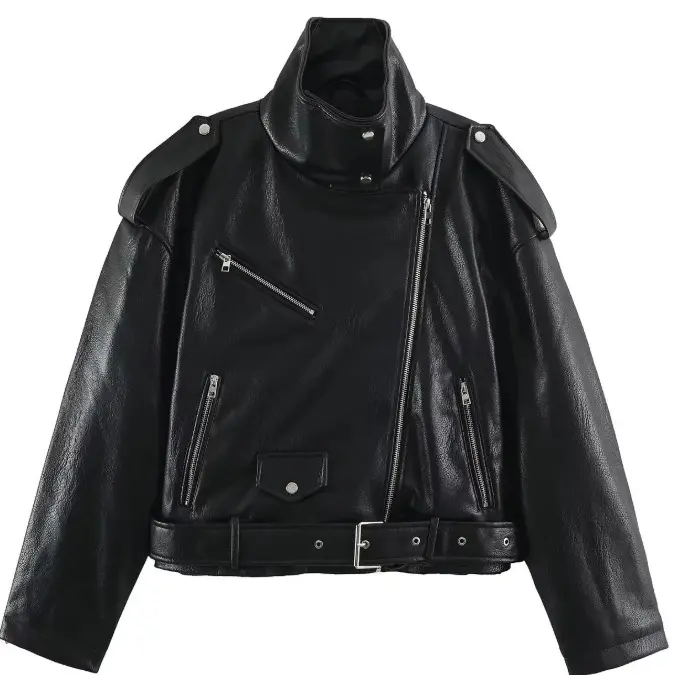 Damen Kurz geschnittene Bikerjacke aus Kunstleder mit asymmetrischem Reißverschluss, Stehkragen und Schulterklappen Drune