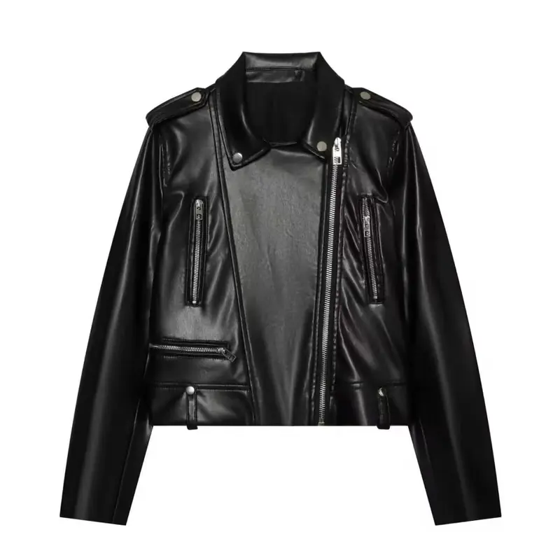 Damen Kurz geschnittene Bikerjacke aus Kunstleder mit asymmetrischem Reißverschluss und Schulterklappen Drune