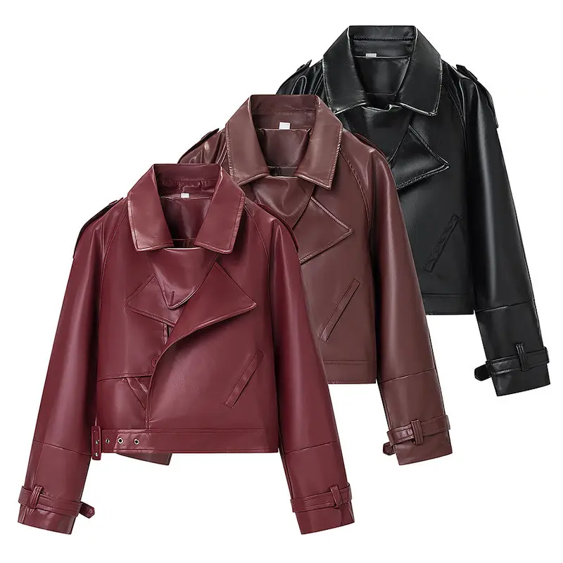Damen Kurz geschnittene Bikerjacke aus Lederoptik mit asymmetrischer Reversklappe und Taillenriegel Drune