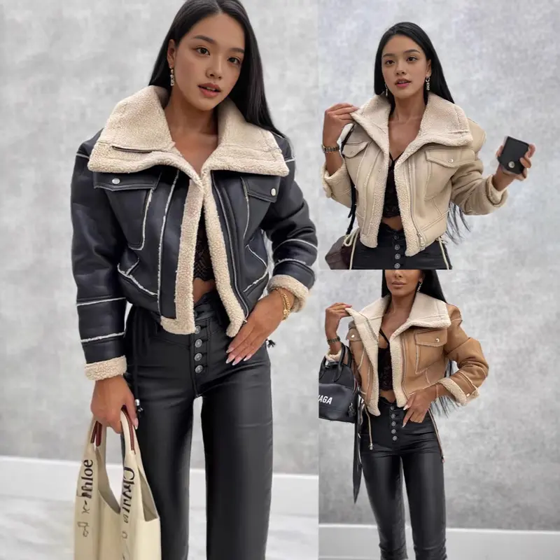 Damen Kurz geschnittene Bikerjacke mit Teddyfutter und Kontrastnähten Drune