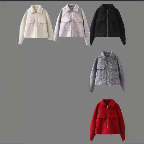 Damen Kurz geschnittene Bouclé‑Jacke mit durchgehendem Reißverschluss und Pattentaschen Drune