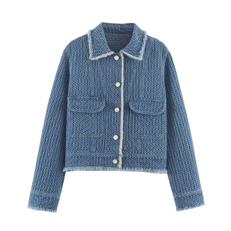 Damen Kurz geschnittene Bouclé-Tweed-Boxy-Jacke mit Fransenbesatz und aufgesetzten Klappentaschen Drune