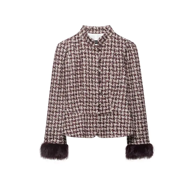 Damen Kurz geschnittene Bouclé‑Tweedjacke mit Stehkragen und Kunstfellmanschetten Drune