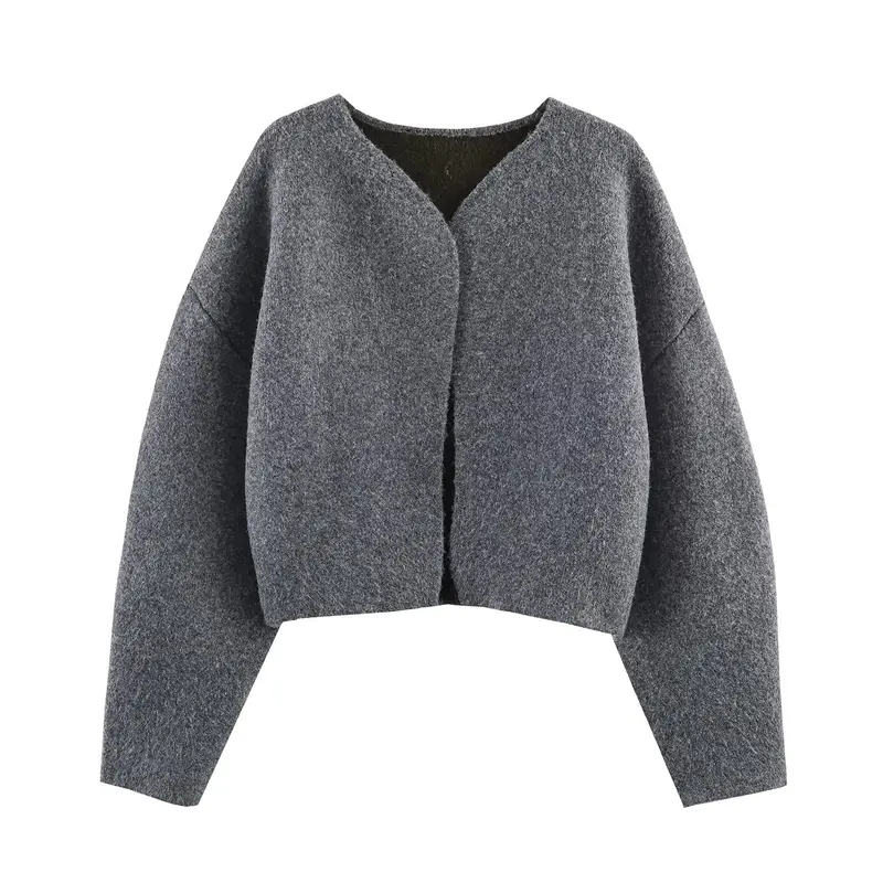 Damen Kurz geschnittene Boxy-Jacke aus Bouclé‑Wollmix mit offenem V‑Ausschnitt Drune