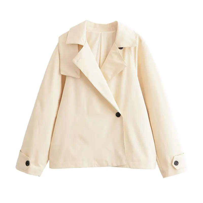 Damen Kurz geschnittene Boxy‑Trenchjacke mit asymmetrischer Knopfleiste und weiten Revers Drune
