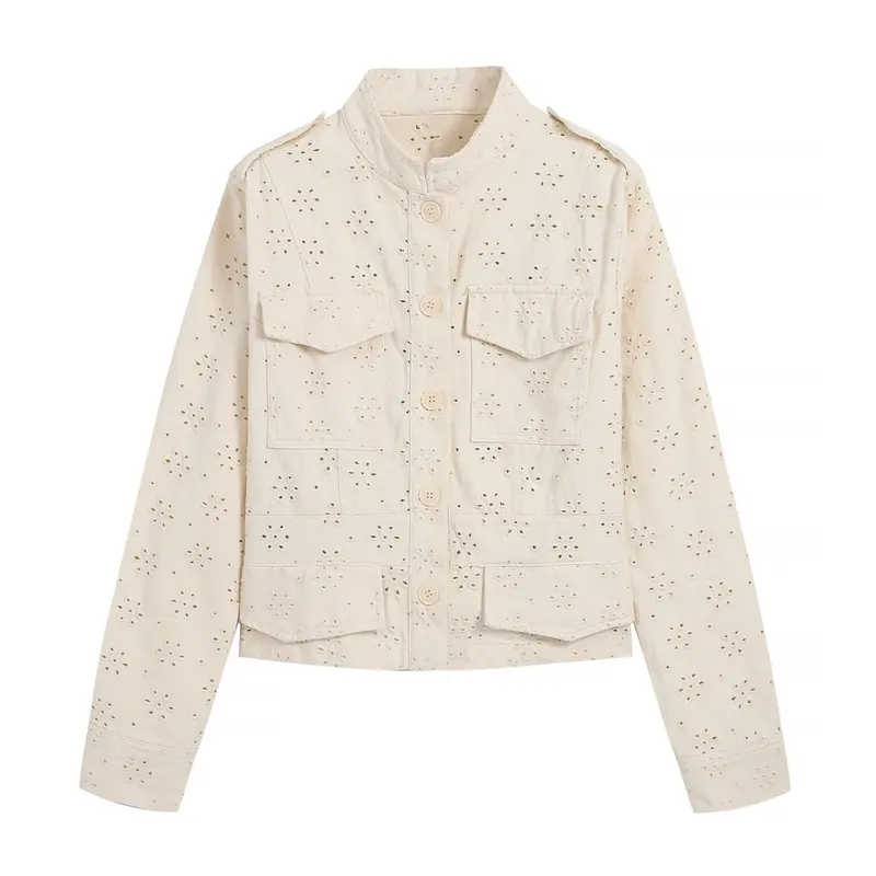 Damen Kurz geschnittene Broderie-Anglaise Feldjacke mit Pattentaschen Drune