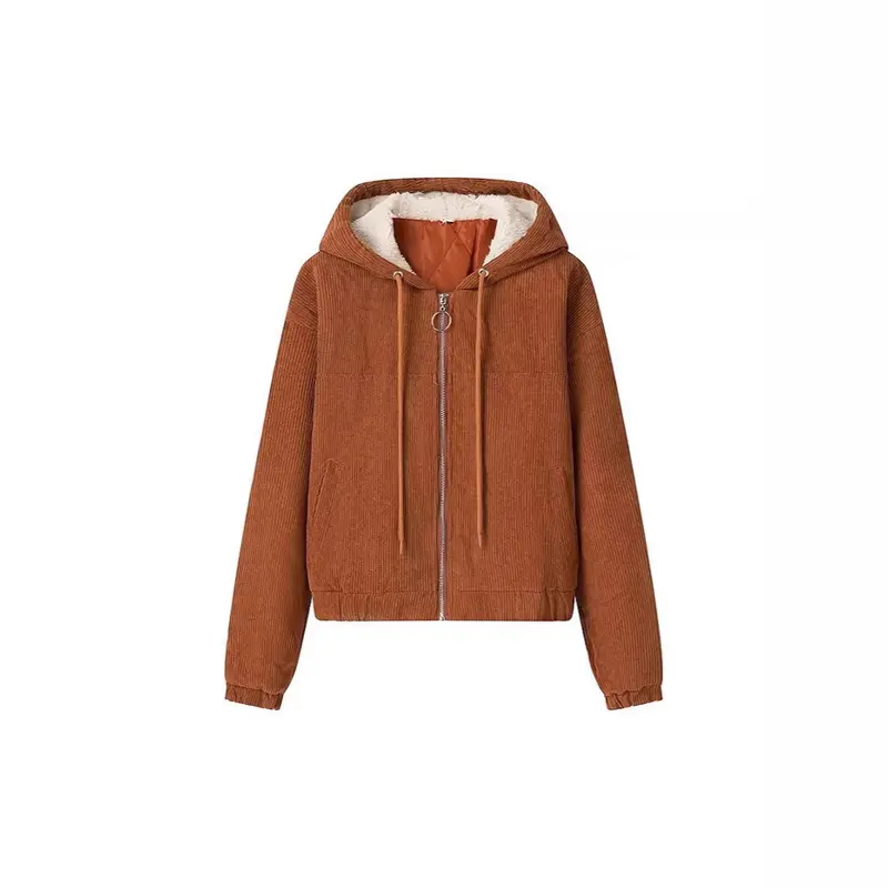 Damen Kurz geschnittene Cordjacke mit Kapuze, Teddyfutter und durchgehendem Reißverschluss Drune