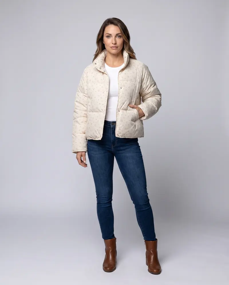 Damen kurz geschnittene gepolsterte Blumenjacke mit übergroßer Silhouette, hohem Kragen und verborgenem Reißverschluss