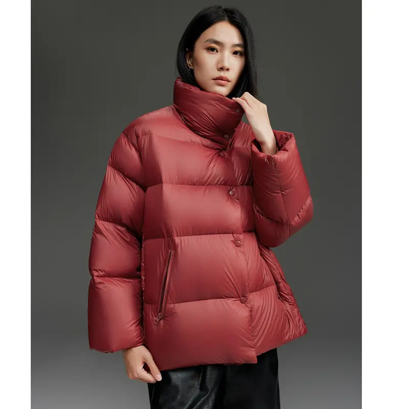 Damen Kurz geschnittene gesteppte Daunenjacke mit hohem Stehkragen, Boxy-Silhouette und Druckknöpfen Drune