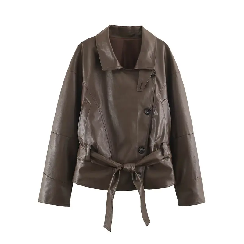 Damen Kurz geschnittene Lederimitat-Jacke mit Taillengürtel und asymmetrischer Knopfleiste Drune