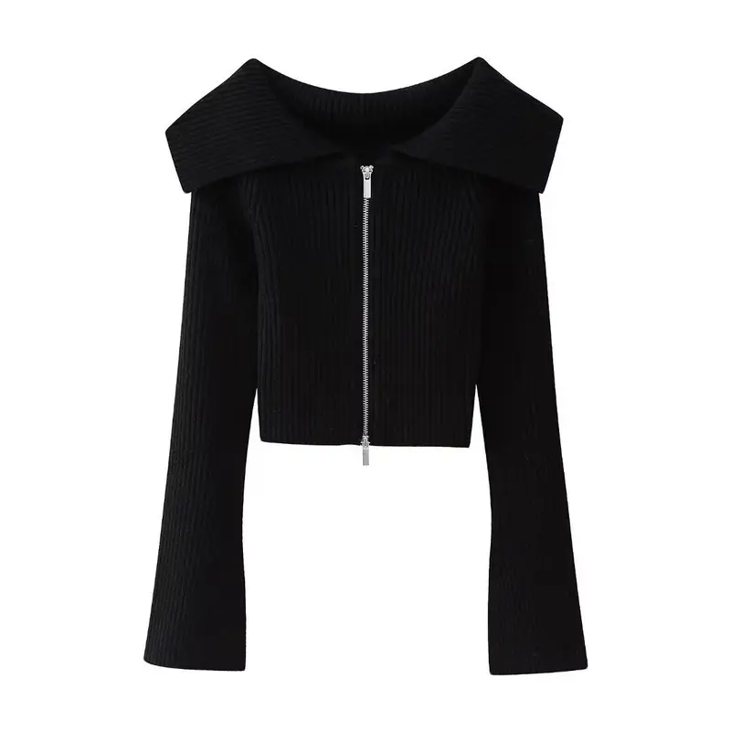 Damen Kurz geschnittene Rippenstrick-Jacke mit weitem Carmenkragen und durchgehendem Reißverschluss Drune