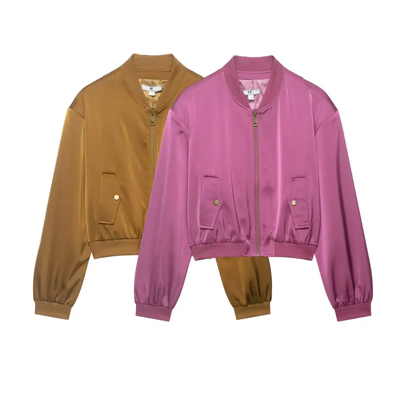 Damen Kurz geschnittene Satin-Bomberjacke mit Rippbündchen und Druckknopf-Taschen Drune