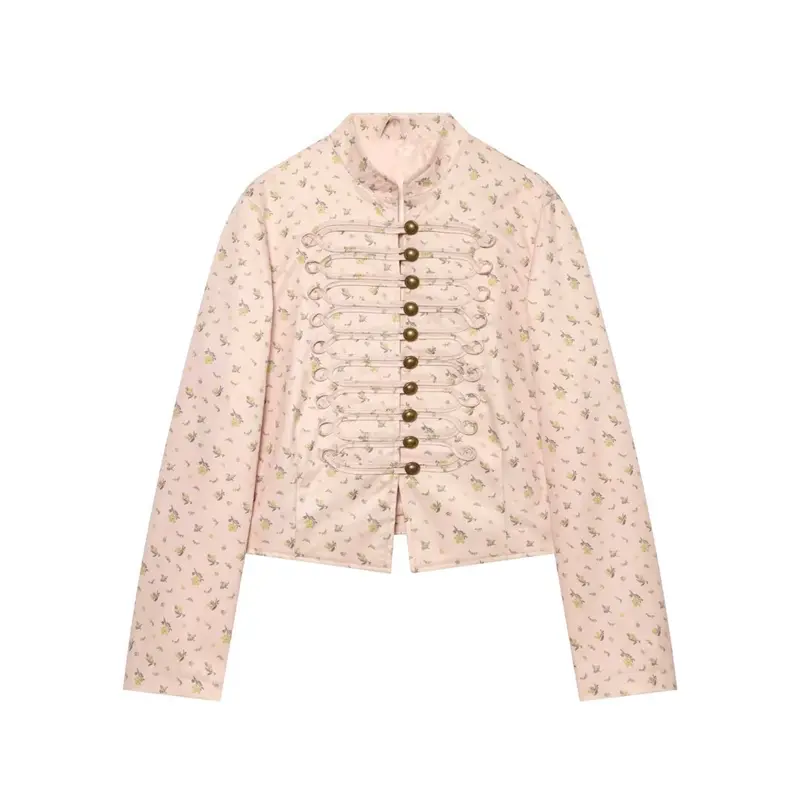Damen Kurz geschnittene Satin-Militärjacke mit dekorativen Froschverschlüssen und Blumenprint Drune