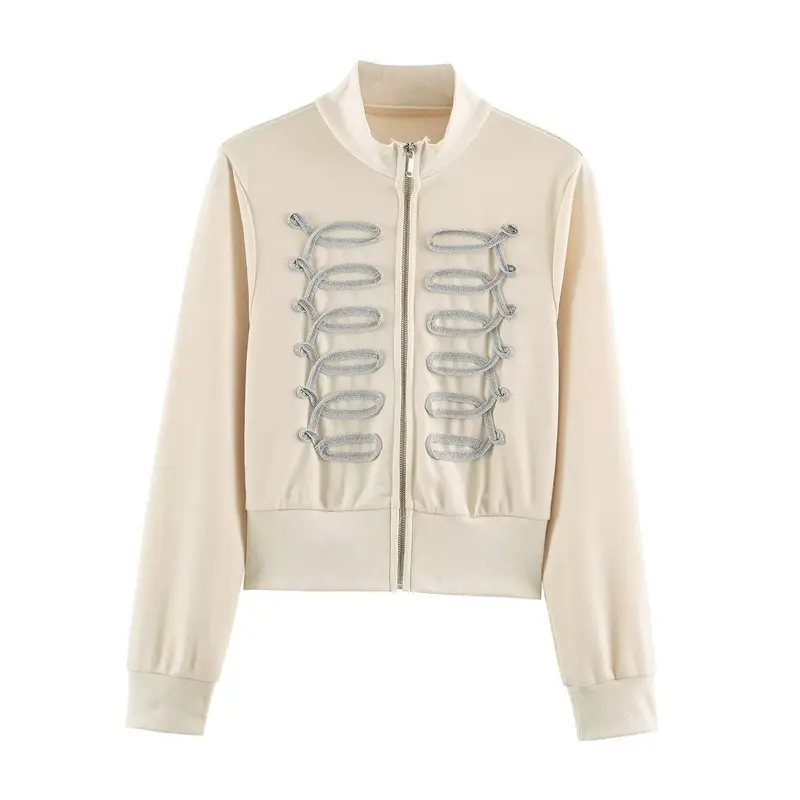 Damen Kurz geschnittene Sweatjacke mit ornamentalem Zierkordel‑Besatz und Stehkragen Drune