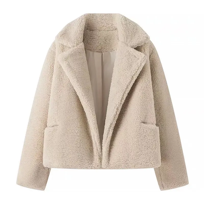 Damen Kurz geschnittene Teddy‑Boxyjacke mit Schalkragen und praktischen Eingrifftaschen Drune