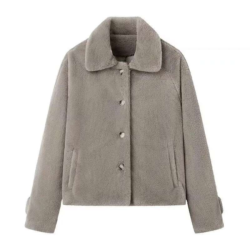 Damen Kurz geschnittene Teddy‑Fleecejacke mit Hemdkragen, verdeckter Knopfleiste und Eingrifftaschen Drune