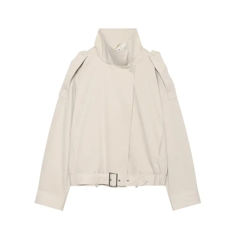 Damen Kurz geschnittene Trench-inspirierte Jacke mit hohem Stehkragen und Taillengürtel Drune