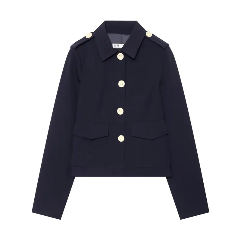 Damen Kurz geschnittene Utility-Jacke mit Schulterklappen und großen Kontrastknöpfen Drune