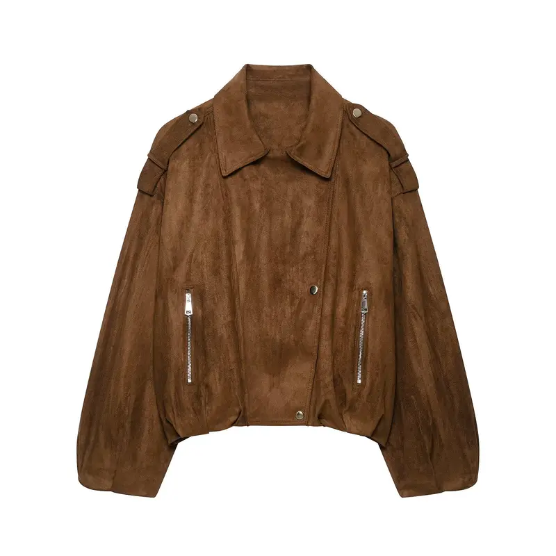 Damen Kurz geschnittene Wildleder-Bikerjacke mit Schulterklappen Drune