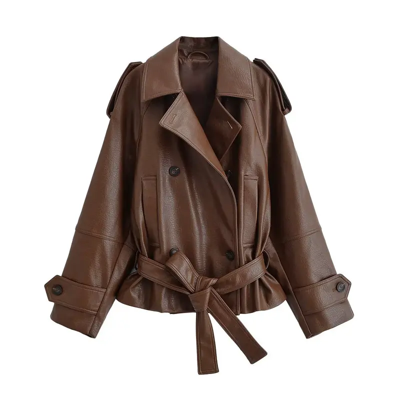 Damen Kurz geschnittener Kunstleder-Trenchcoat mit Bindegürtel und doppelreihiger Knopfleiste Drune