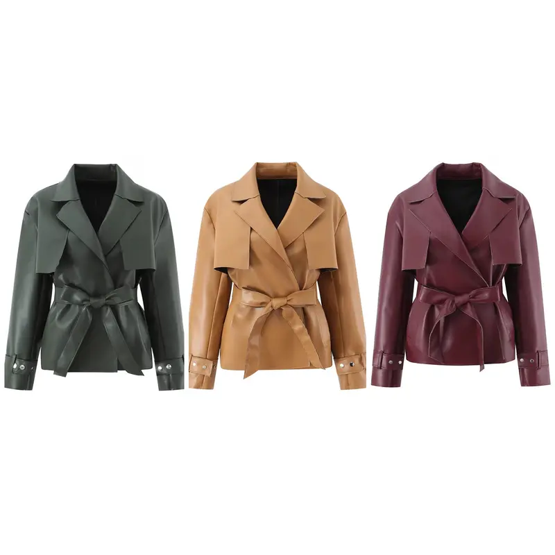 Damen Kurz geschnittener Kunstleder-Trenchcoat mit Taillengürtel Drune